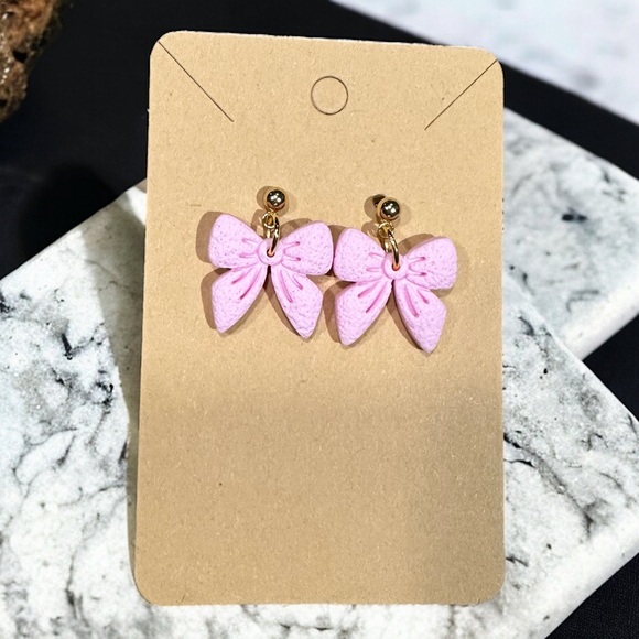 Pink Bows Polymer Clay Dangle Earrings - Picture 2 of 2